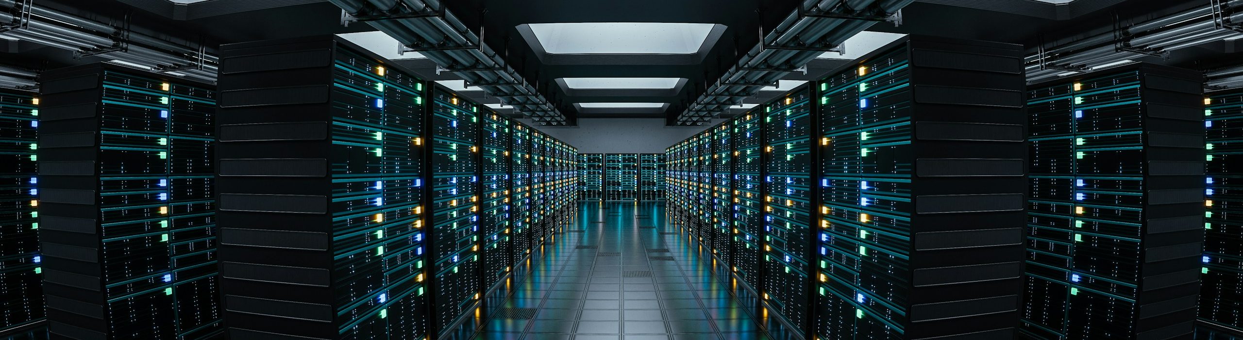 Rows of enterprise servers in a modern data centre aisle